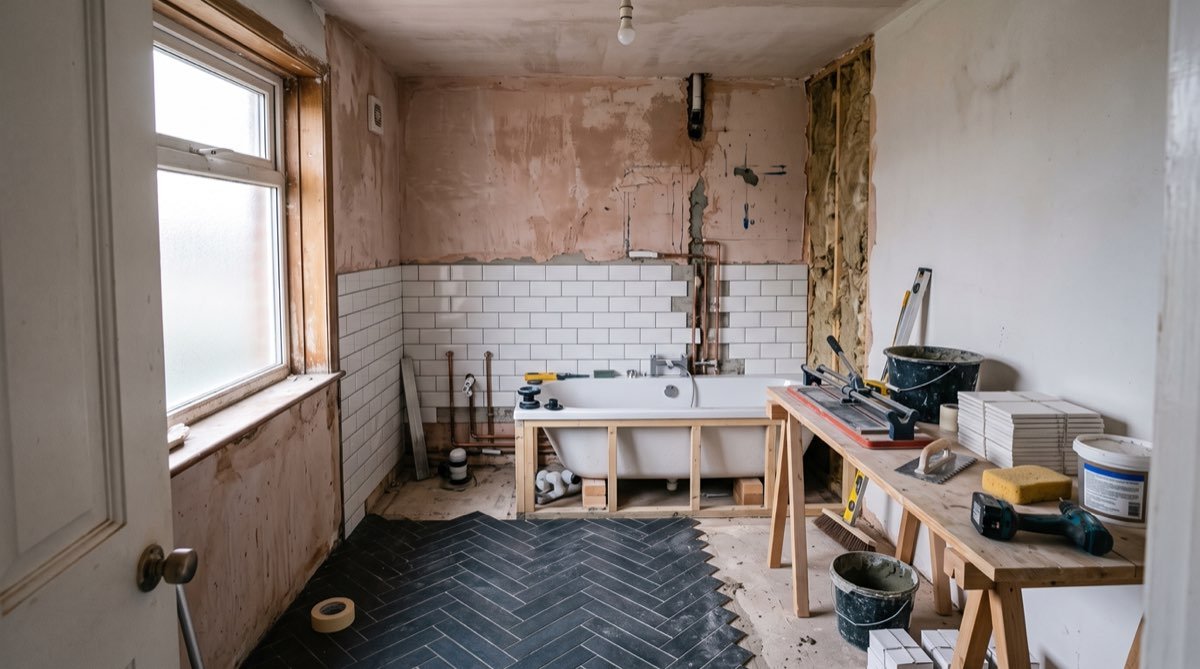 Bathroom tanking and tiling in progress