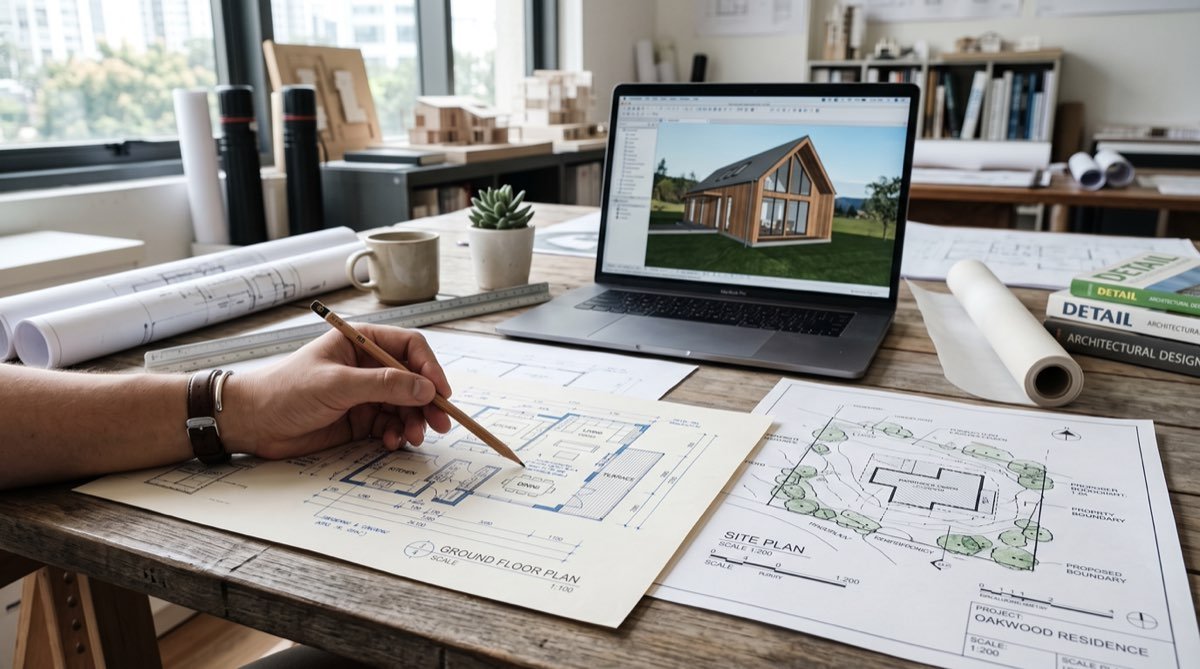 Architectural drawings and floor plans on a desk