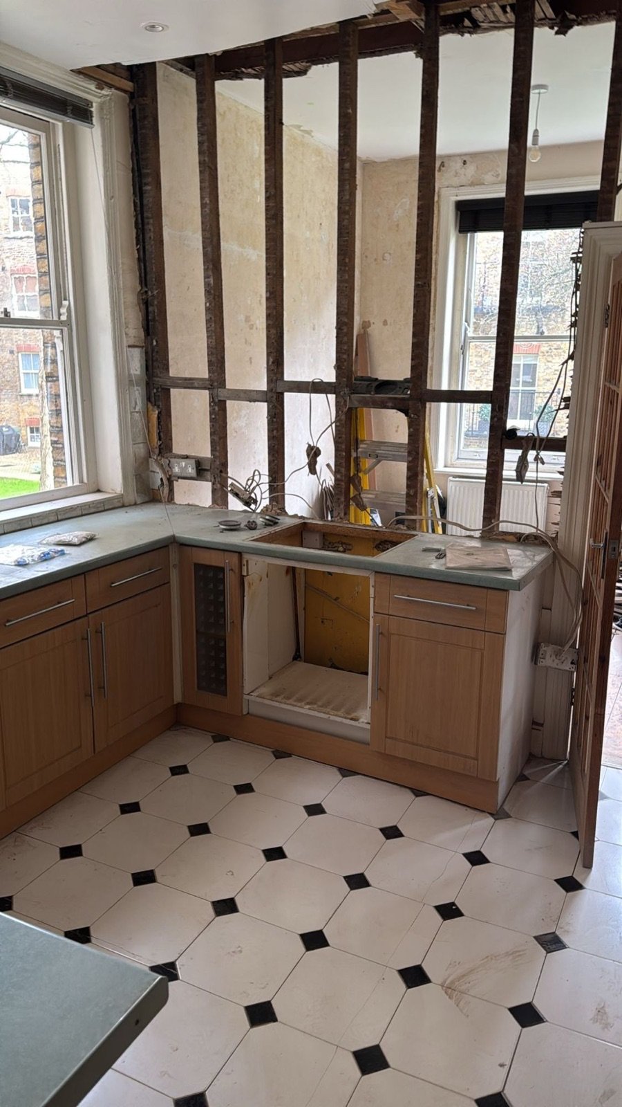 Kitchen stud wall opened up for the Licence to Alter structural inspection