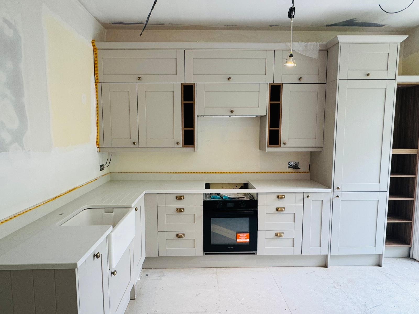 New kitchen installed in the open-plan kitchen lounge before decoration