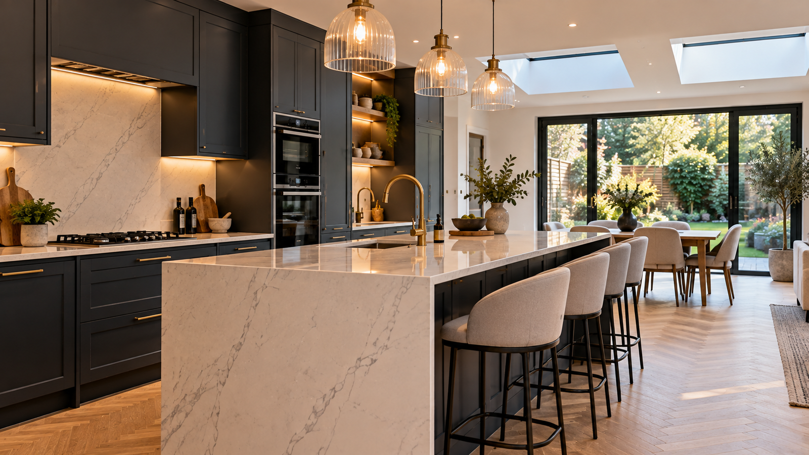 Selection of quartz, granite, porcelain, solid-surface, laminate and timber worktop samples in a contemporary kitchen.