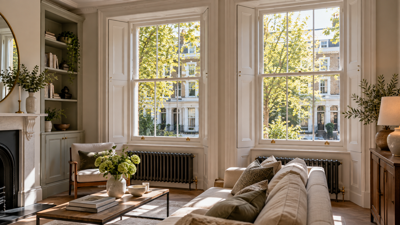 Joiner inspecting the timber, cords and glazing of a traditional sash window in a London home.