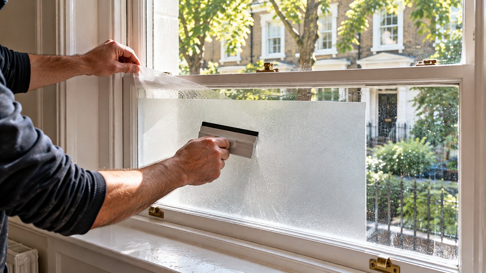 Roller blind and privacy window film compared across two windows in a bright London flat.
