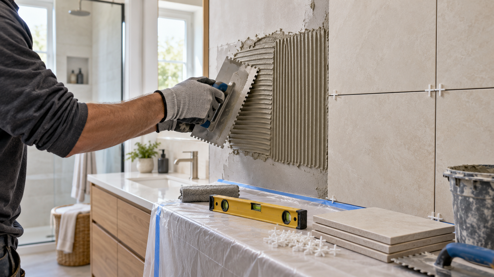 Gloved craftsperson applying combed tile adhesive to a prepared bathroom wall beside aligned pale ceramic tiles.