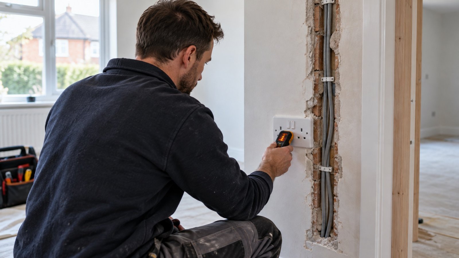 Electrician testing a wall socket beside exposed cable routes during a home renovation