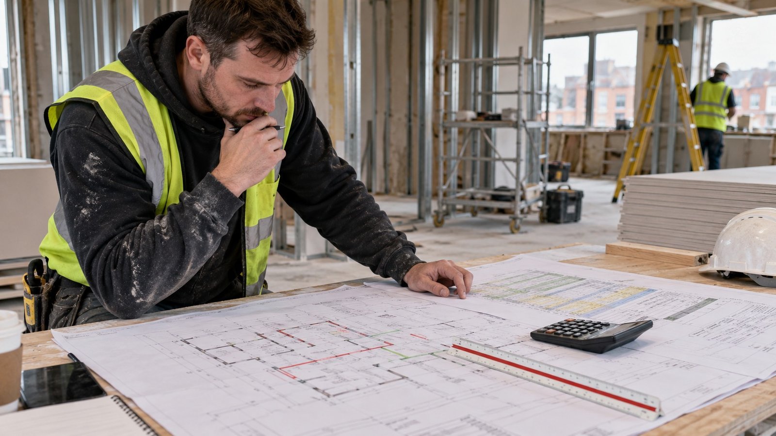 Drylining subcontractor reviewing marked-up drawings and partition quantities at a site table