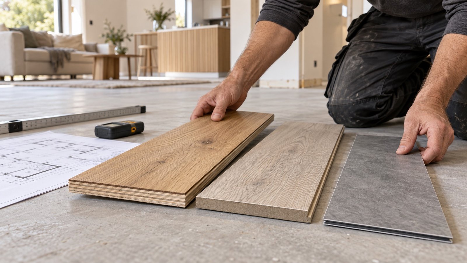 Flooring samples showing engineered oak, oak-look laminate and stone-look luxury vinyl beside a room plan