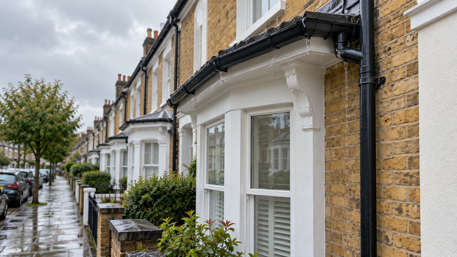 Rainwater running through a black gutter and downpipe on a London terraced house after rainfall