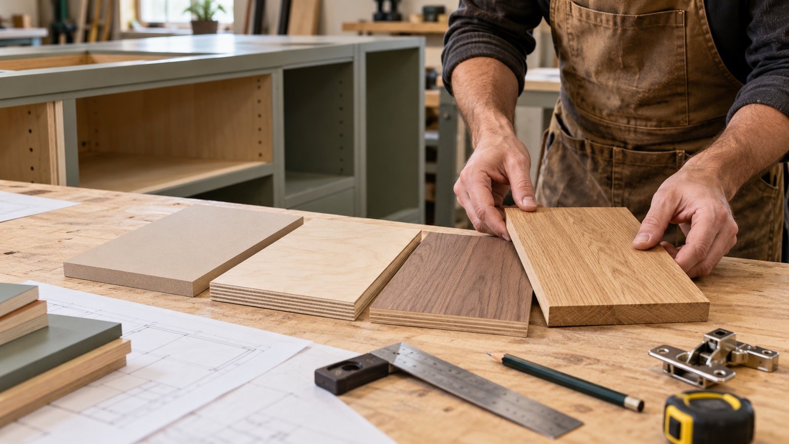 Joinery samples showing MDF, plywood, veneered board and solid oak on a cabinetmaker workbench