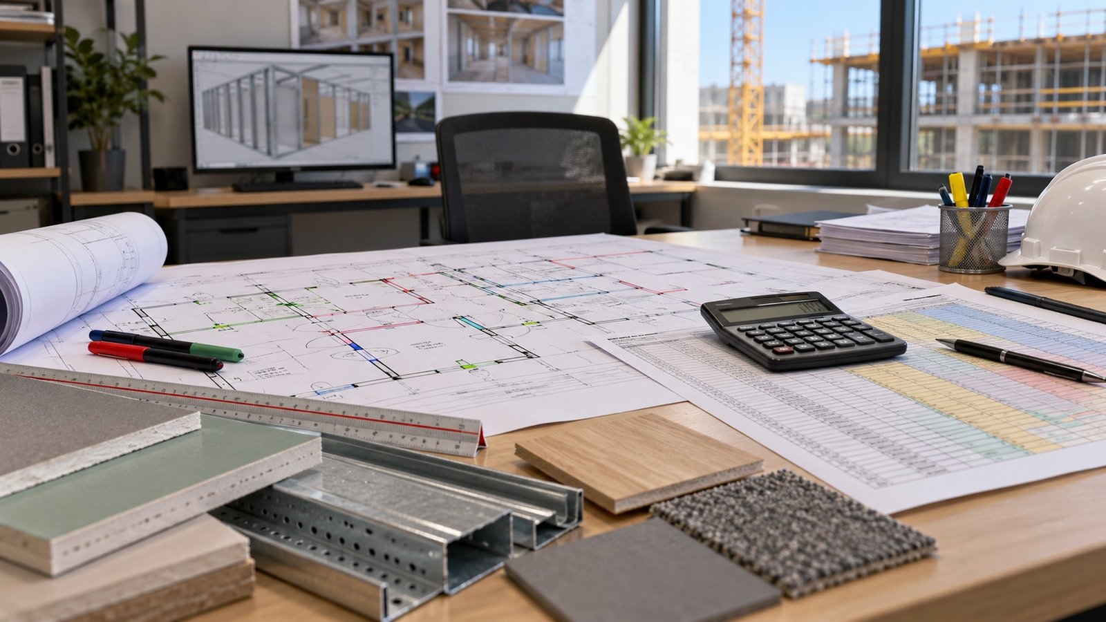 Drylining estimator reviewing metal stud and track take-off drawings at a construction desk