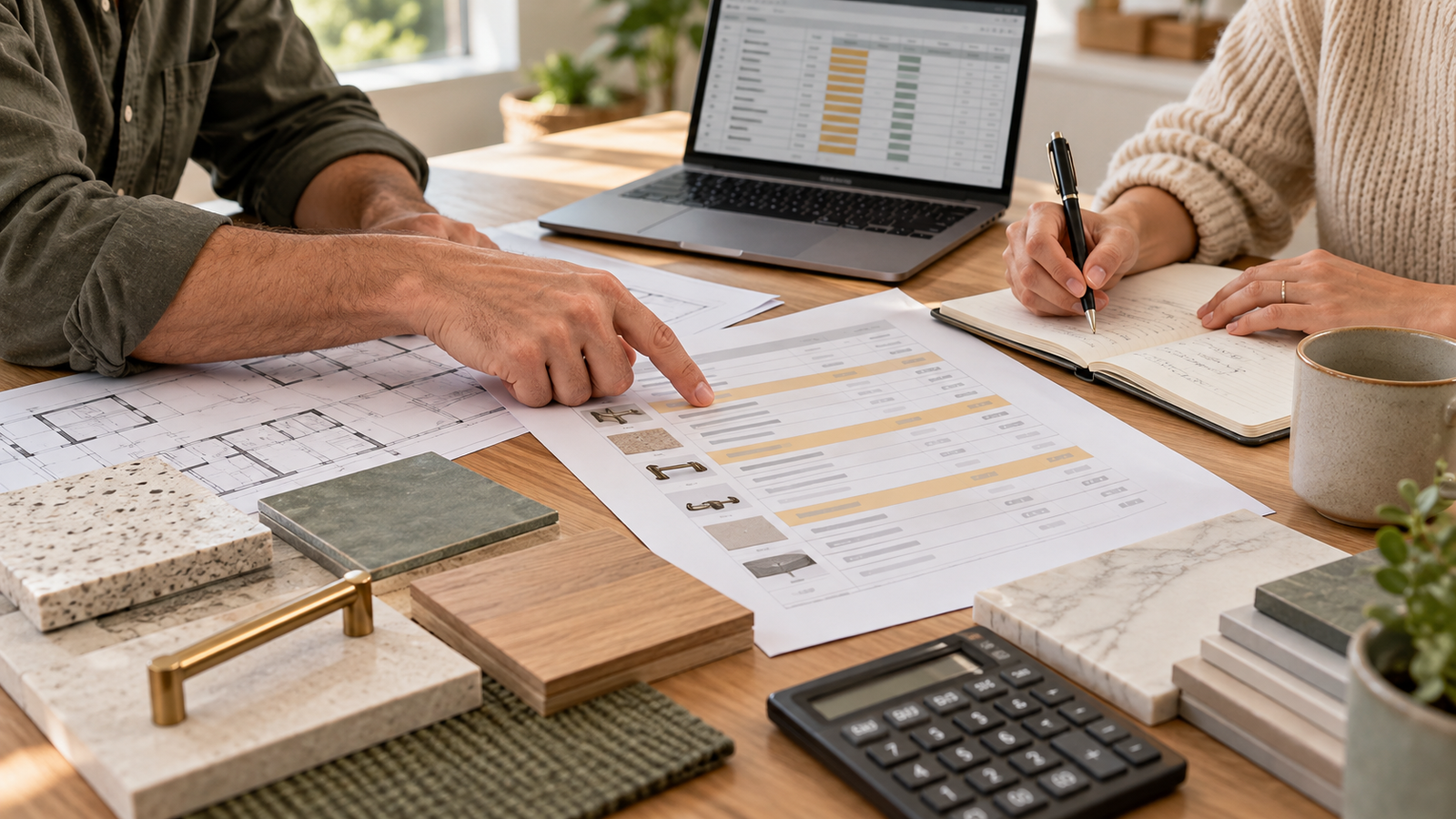 Renovation cost schedule and drawings being reviewed beside material samples and a calculator