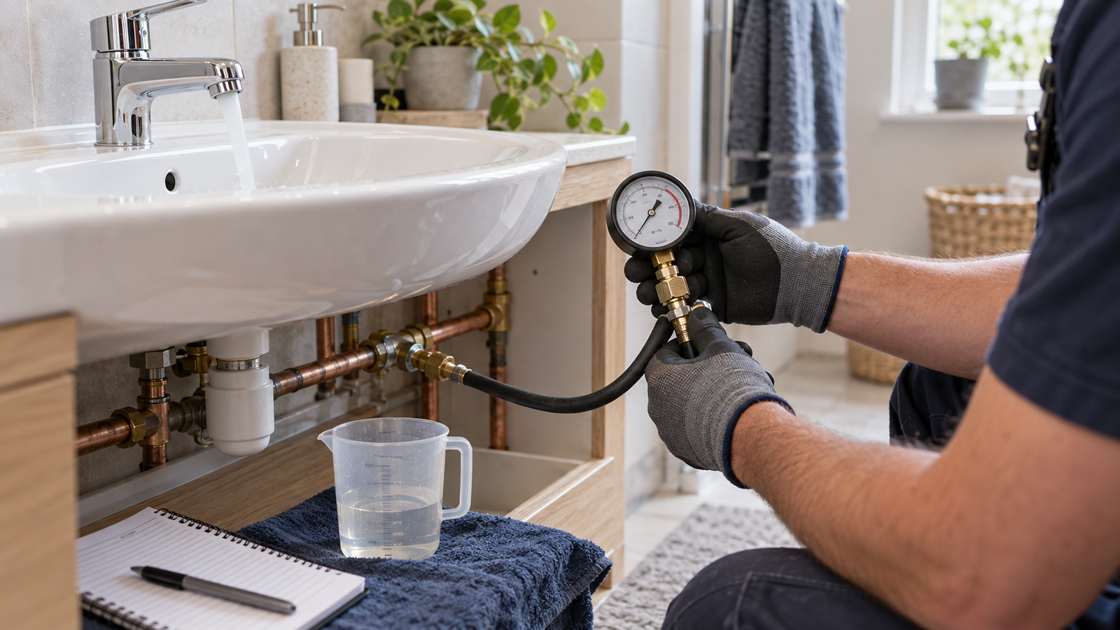 Plumber using a pressure gauge on pipework beneath a bathroom basin while water runs from the tap.